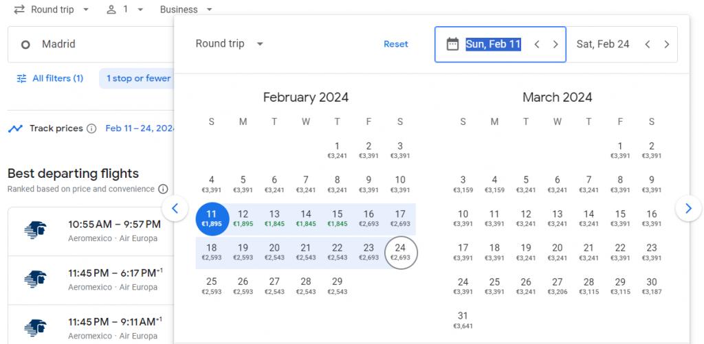 Business Class from Madrid to San José del Cabo