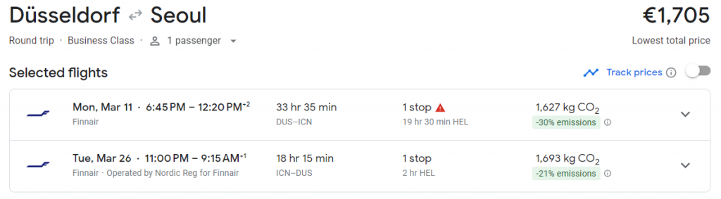 Business Class from Düsseldorf to South Korea