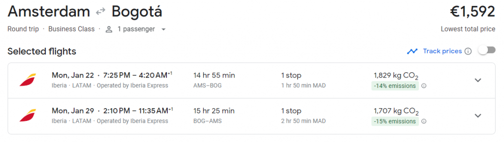 Business Class Suite from Amsterdam to Colombia