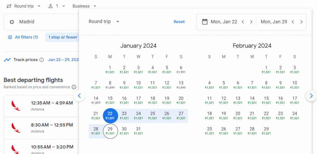 Business Class from Madrid to Colombia