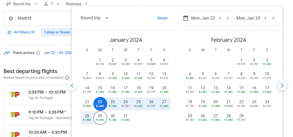 Business Class from Madrid to New York