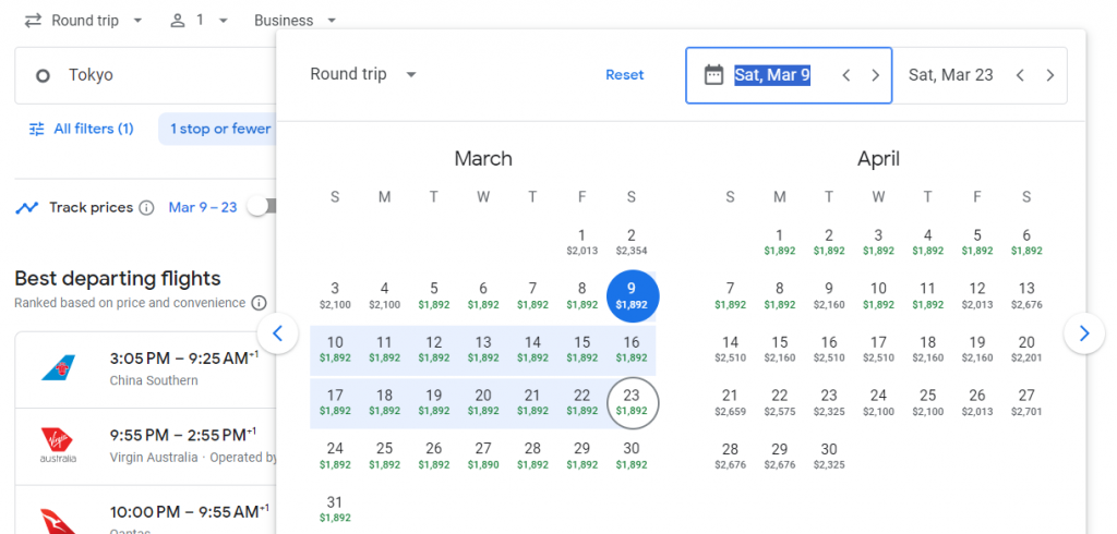 Business Class from Tokyo to Sydney