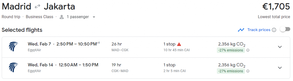 Business Class from Madrid to Indonesia