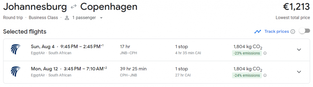 Business Class from South Africa to Copenhagen