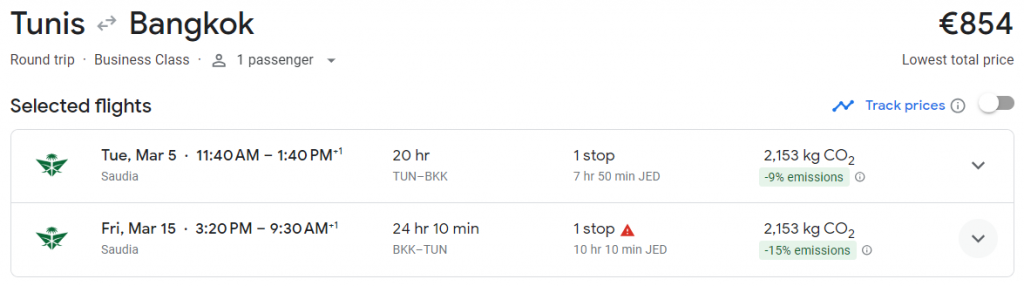 Business Class from Tunisia to Thailand