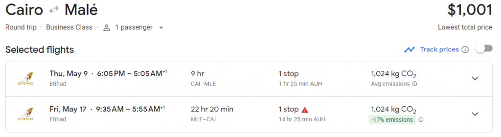 Business Class from Cairo to Maldives