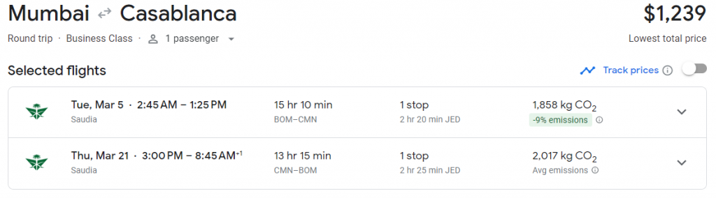 Business Class from India to Casablanca