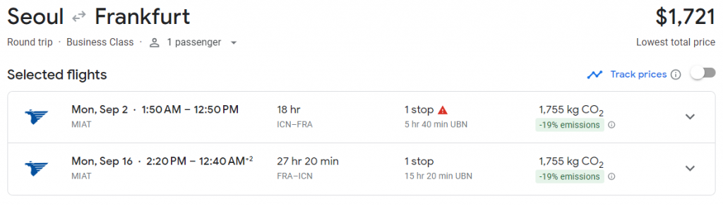 Business Class from South Korea to Frankfurt