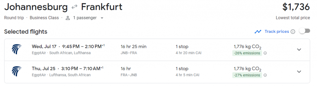 Business Class from South Africa to Frankfurt