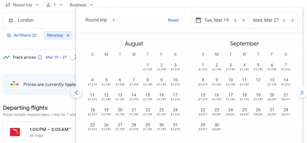 Business Class from London to India