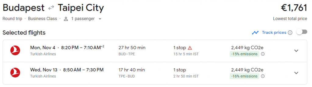 Business Class from Hungary to Taiwan