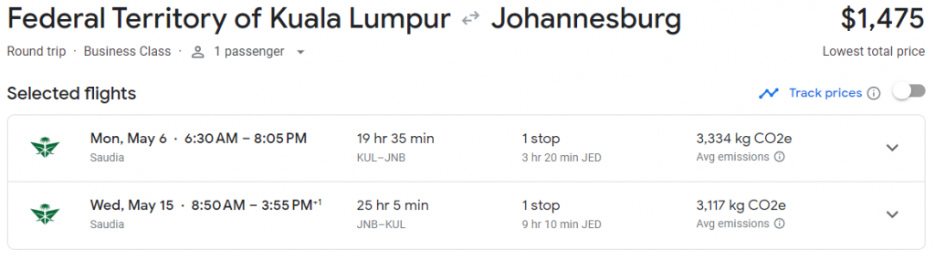 Business Class from Malaysia to South Africa