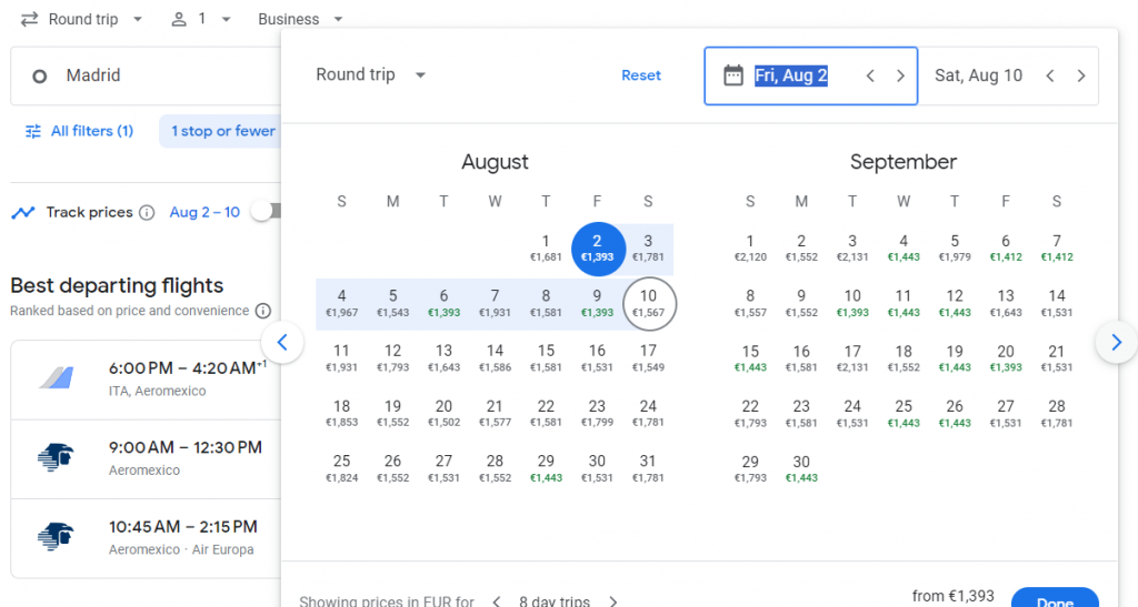 Business Class from Madrid to Mexico City