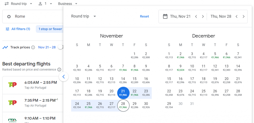 Business Class from Rome to San Francisco