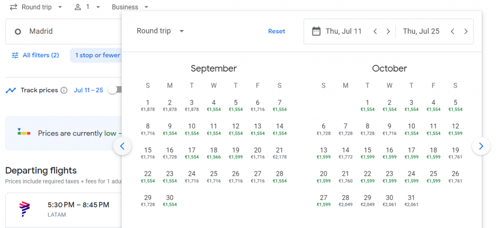 Business Class from Madrid to Colombia