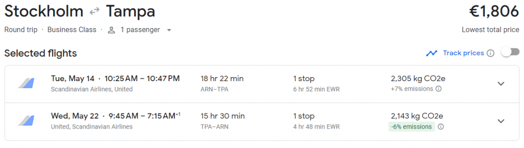 Business Class from Sweden to Florida USA