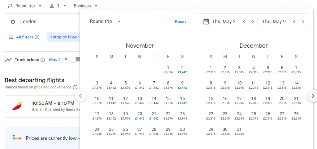 Business Class from London to Colombia