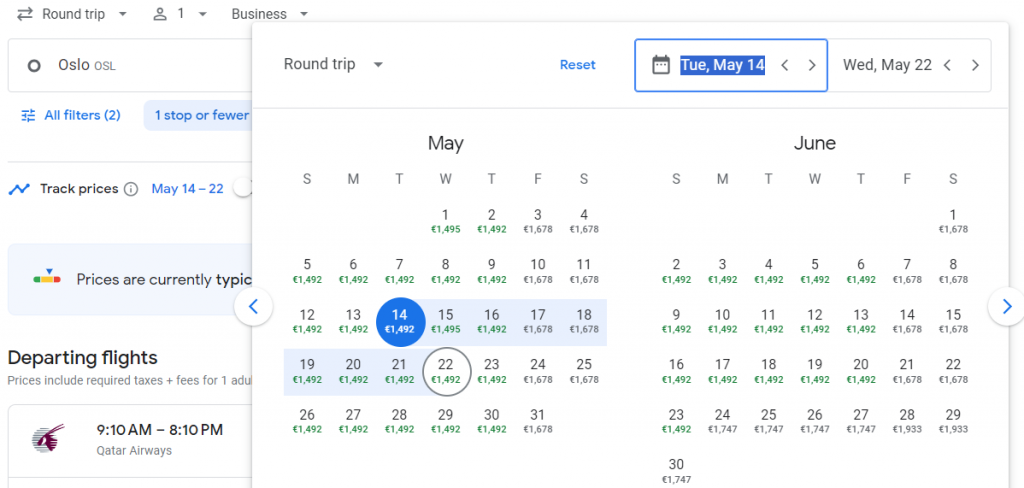 Business Class from Norway to Dubai