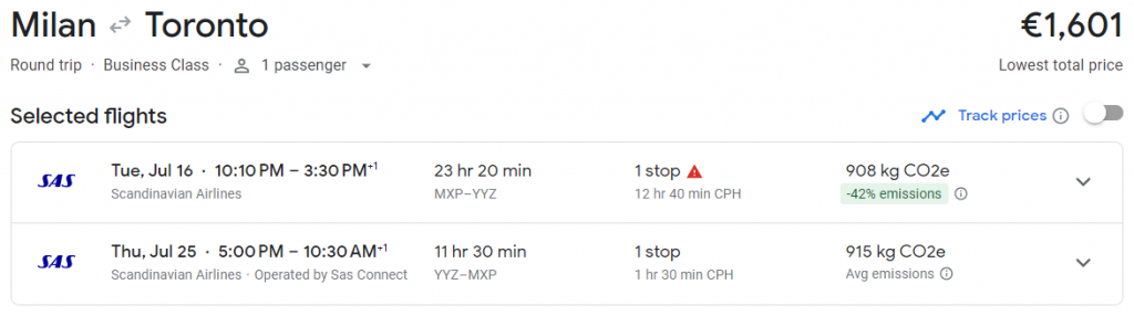 Business Class from Milan to Canada