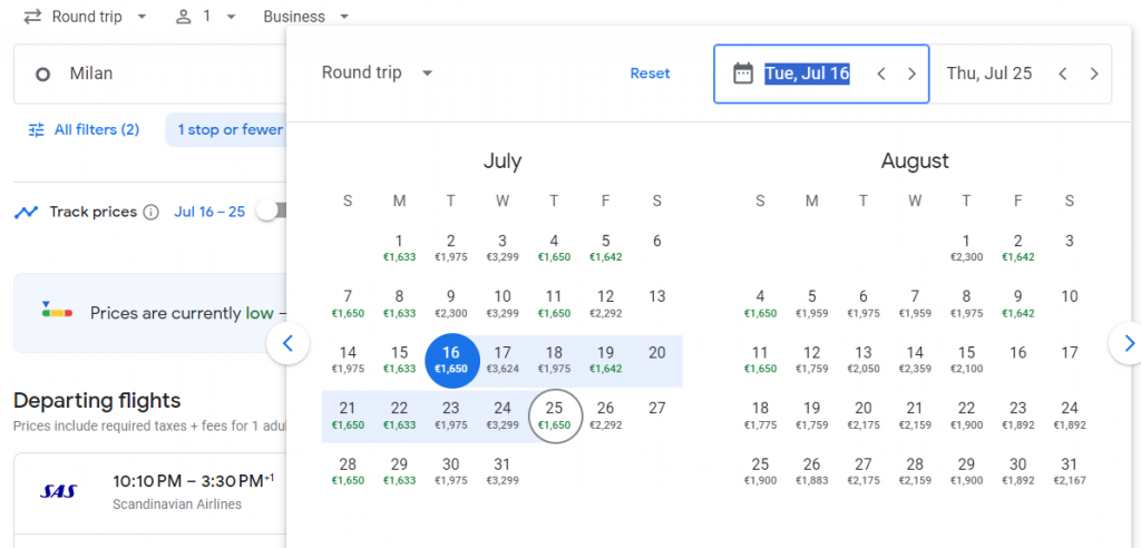 Business Class from Milan to Canada