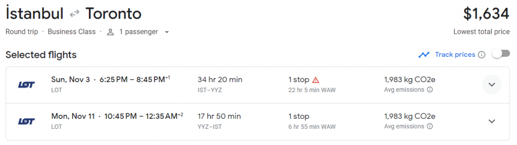 Business Class from Istanbul to Canada