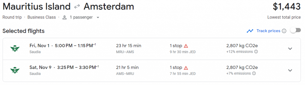 Business Class from Mauritius to Amsterdam