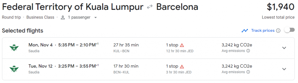 Business Class from Malaysia to Barcelona