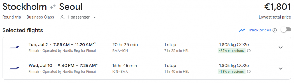 Business Class from Sweden to South Korea