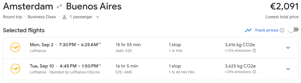 Business Class from Amsterdam to Argentina