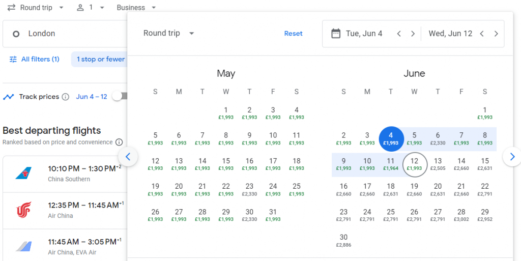 Business Class from London to Taiwan