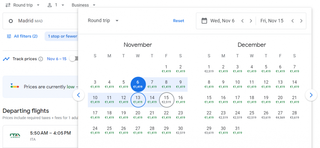 Business Class from Madrid to Miami