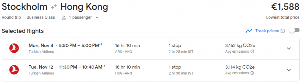 Business Class from Sweden to Hong Kong