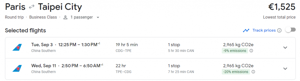 Business Class from Paris to Taiwan