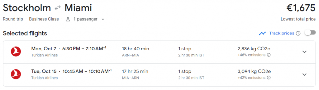 Business Class from Sweden to Miami