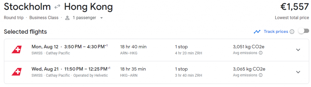 Business Class from Sweden to Hong Kong