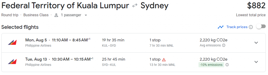 Business Class from Malaysia to Sydney