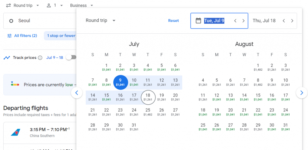 Business Class from South Korea to Dubai