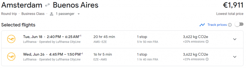 Business Class from Amsterdam to Argentina