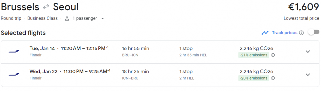 Business Class from Brussels to South Korea