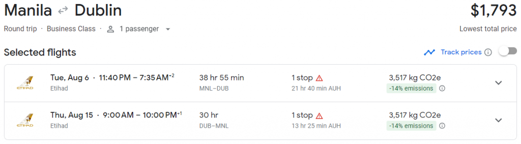 Business Class from Philippines to Dublin