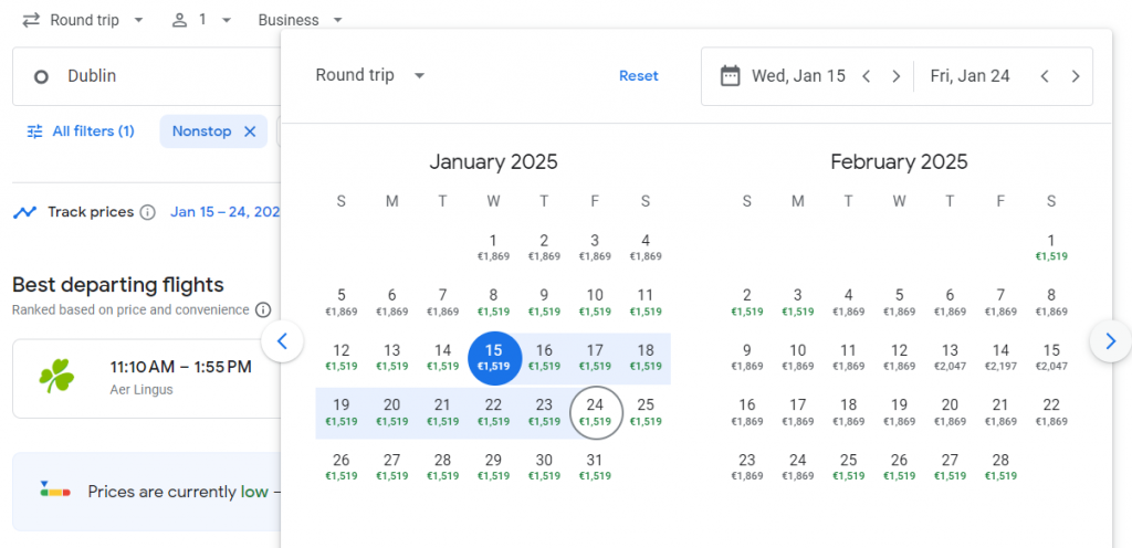 Business Class from Dublin to New York