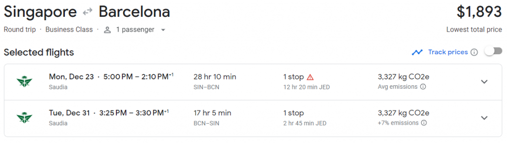 Business Class from Singapore to Barcelona