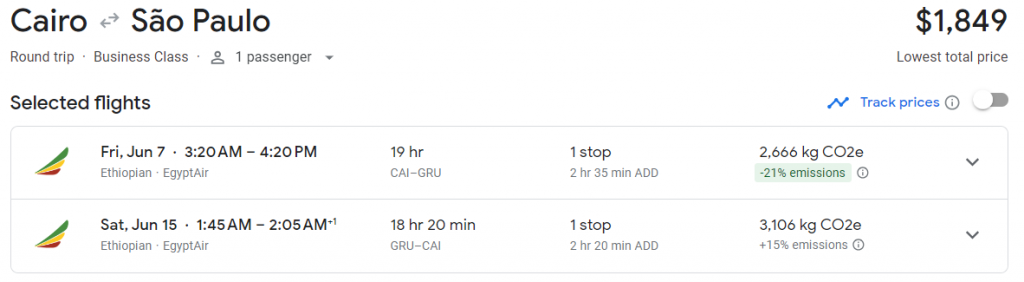 Business Class from Cairo to Brazil