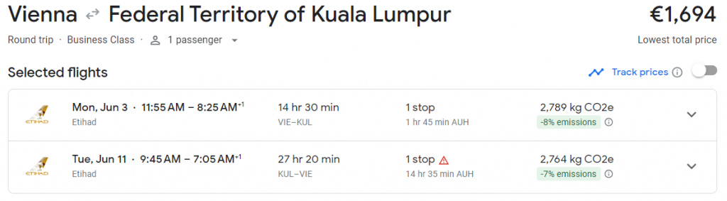 Business Class from Vienna to Malaysia