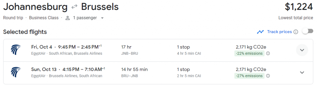 Business Class from South Africa to Brussels