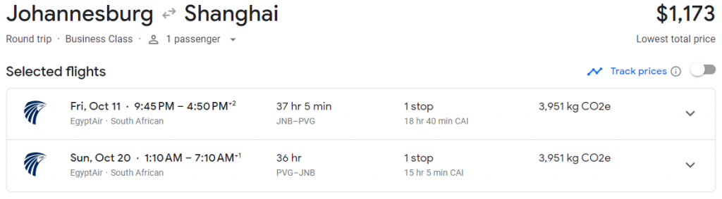 Business Class from South Africa to Shanghai