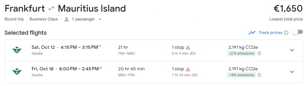 Business Class from Frankfurt to Mauritius