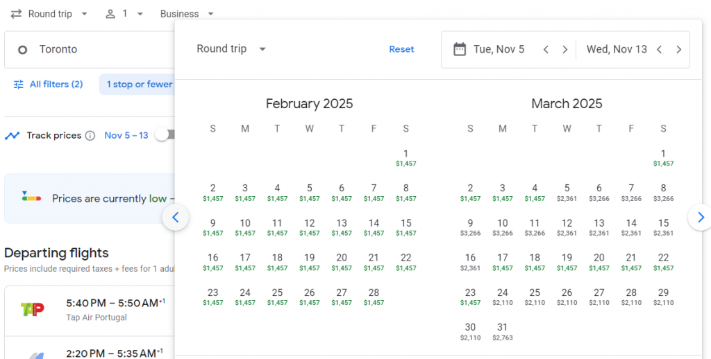 Business Class from Canada to Portugal