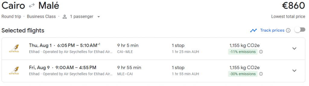 Business Class from Cairo to Maldives