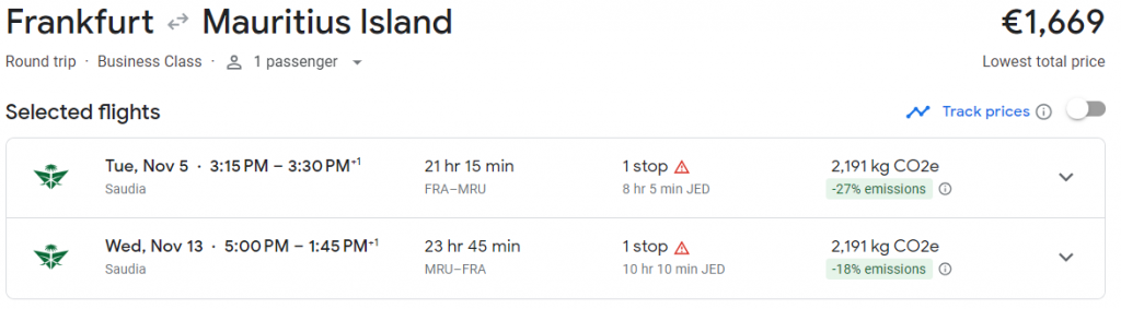 Business Class from Frankfurt to Mauritius